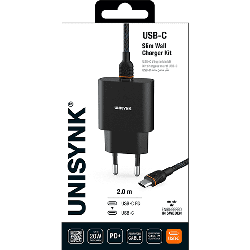 Unisynk USB-C lader 2m 220V 20W + kabel